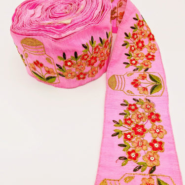 Pink Art Silk Trim With Floral Embroidery & Sequins, Red, Green And Gold Flower Embroidered Trim